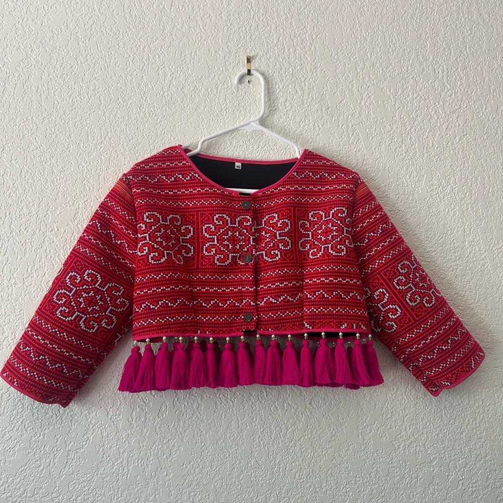 Hmong Red and Pink Embroidered Jacket with Tassels